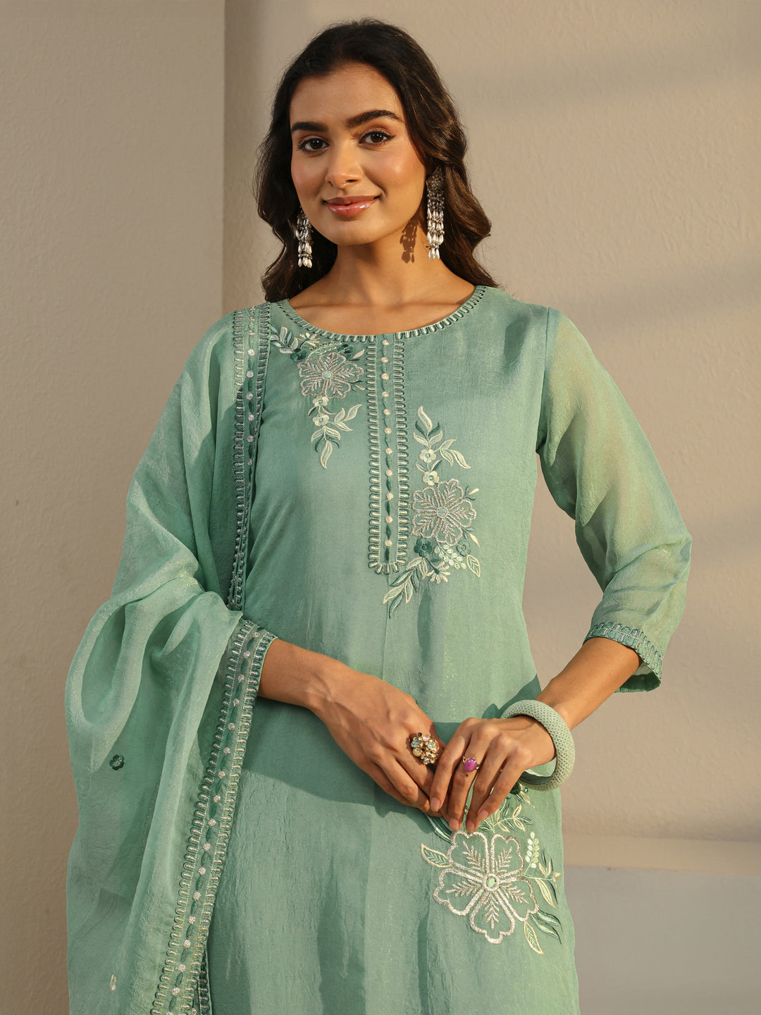 Green Floral Embroidered Organza Straight Suit Set