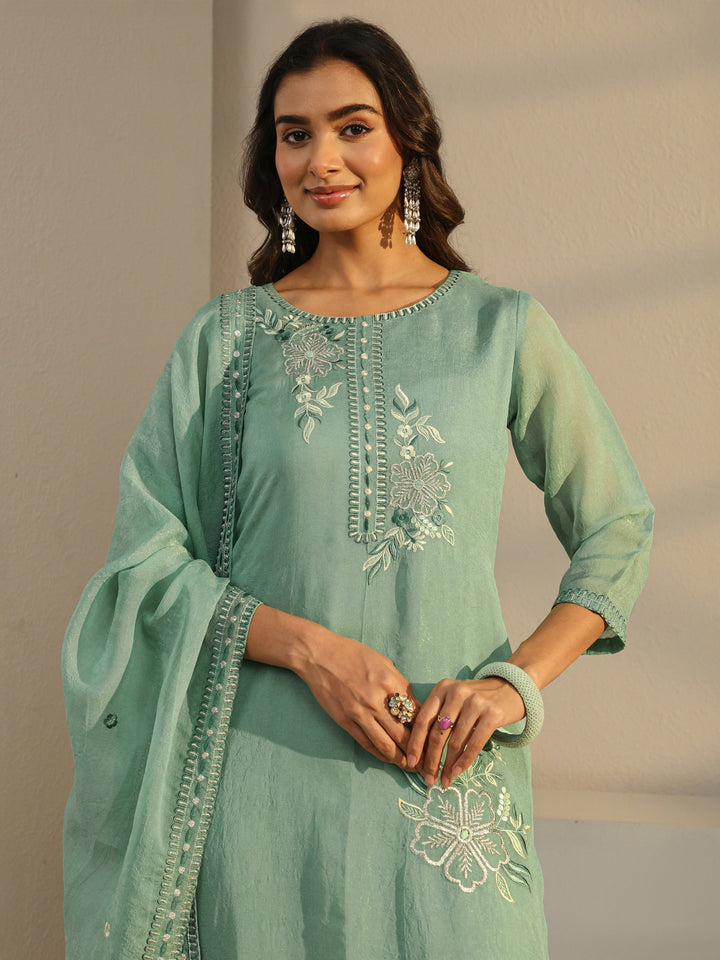 Green Floral Embroidered Organza Straight Suit Set