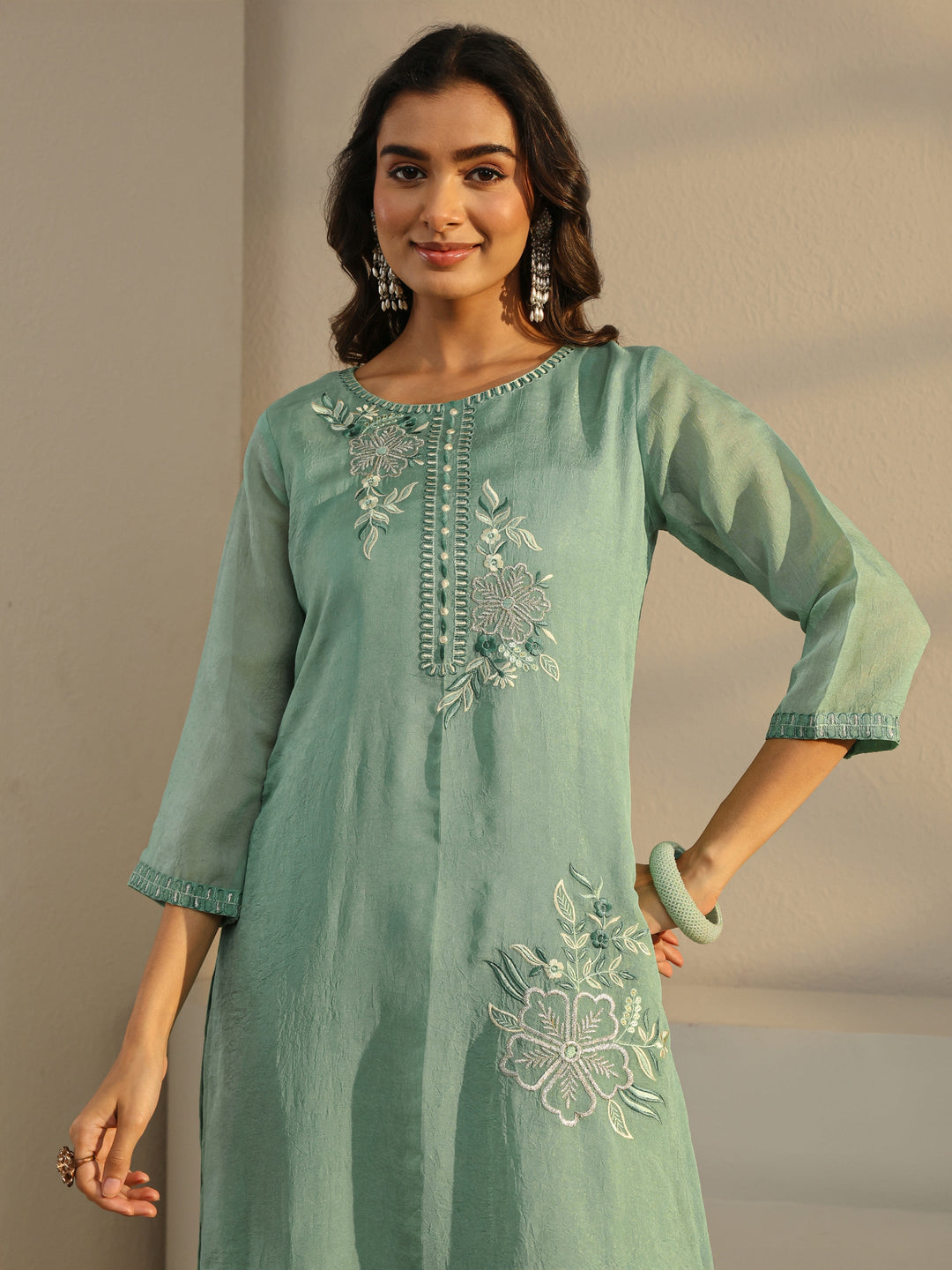 Green Floral Embroidered Organza Straight Suit Set