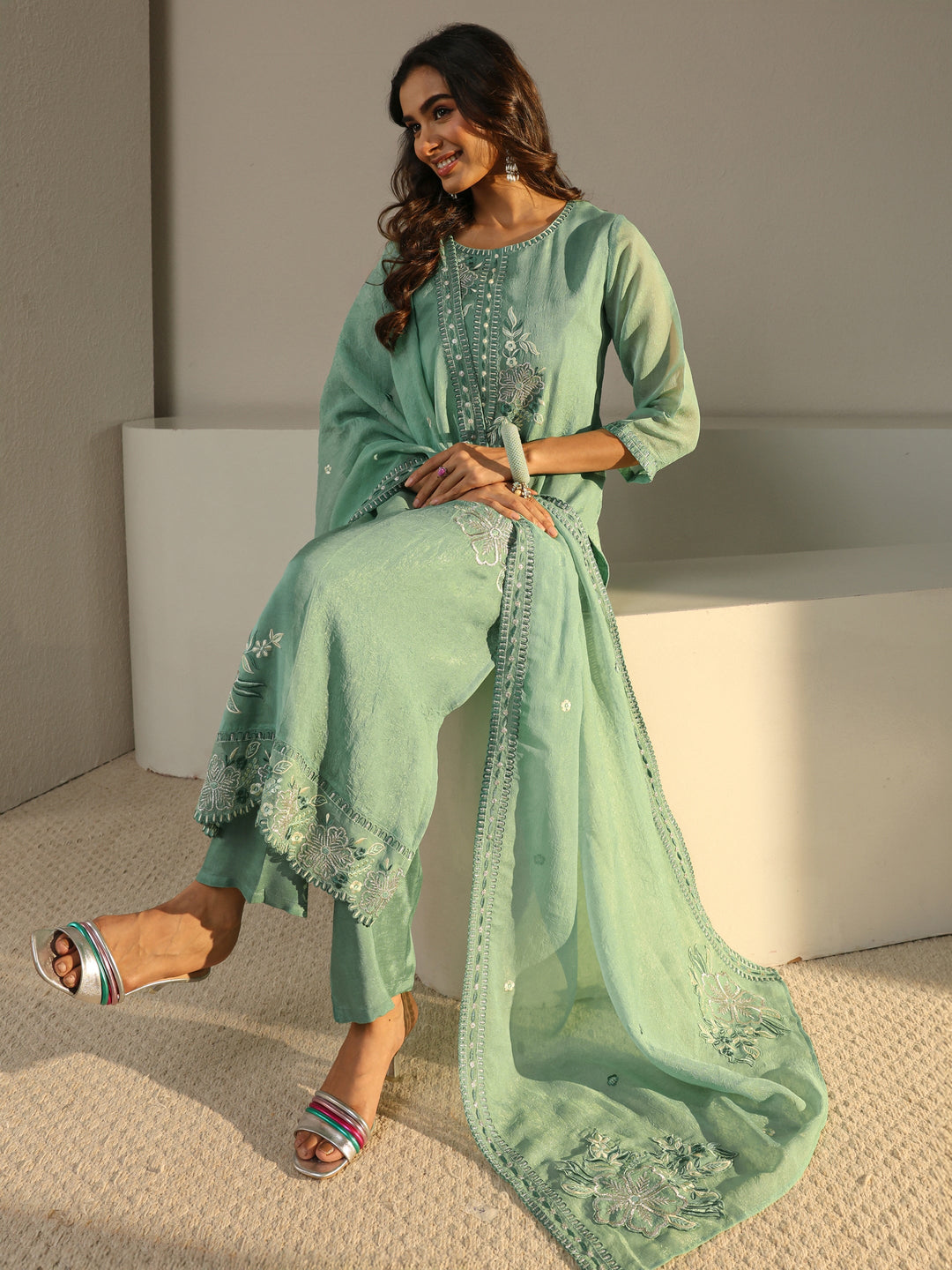 Green Floral Embroidered Organza Straight Suit Set
