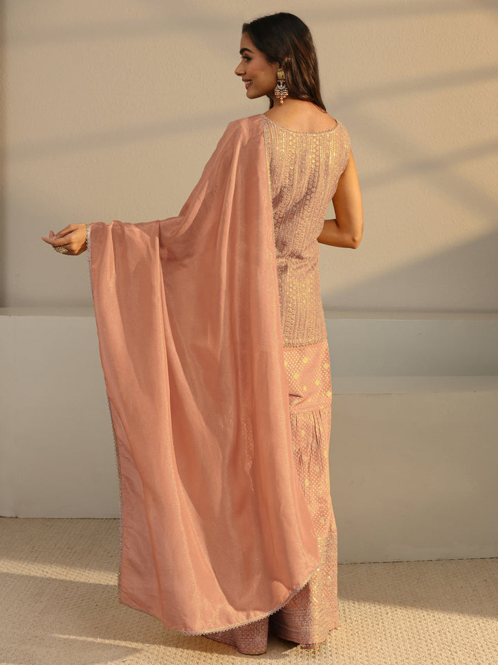 Libas Art Peach Floral Embellished Silk Sharara Suit Set With Dupatta