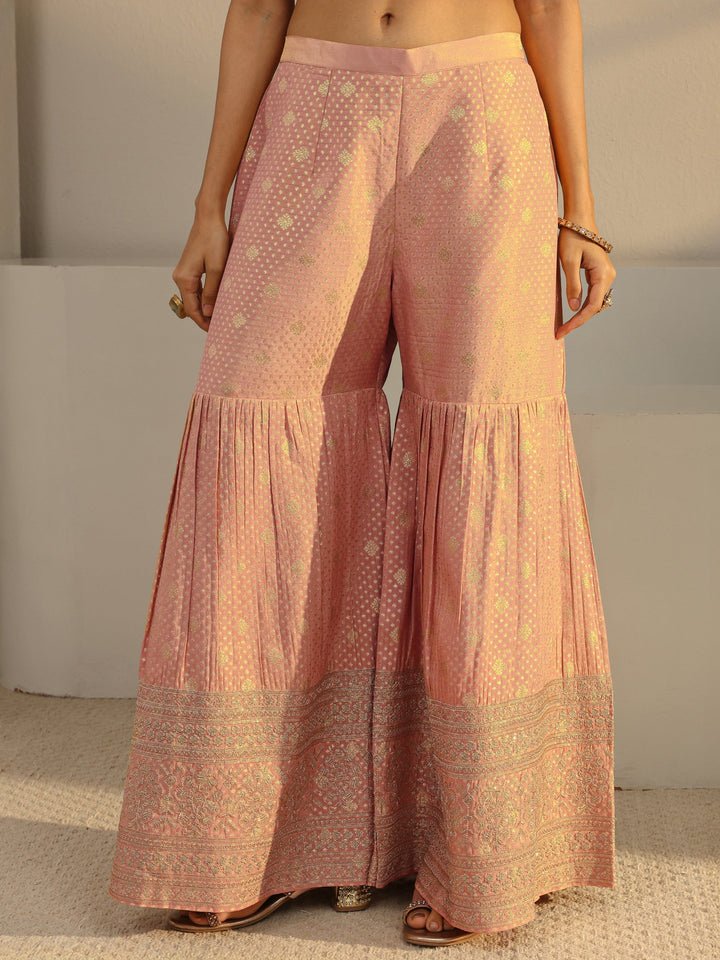 Libas Art Peach Floral Embellished Silk Sharara Suit Set With Dupatta