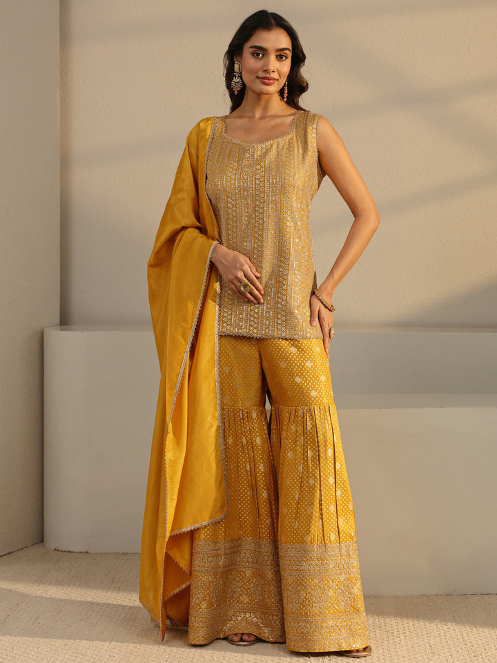 Libas Art Mustard Floral Embellished Silk Sharara Suit Set With Dupatta