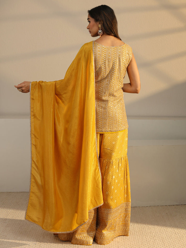 Libas Art Mustard Floral Embellished Silk Sharara Suit Set With Dupatta