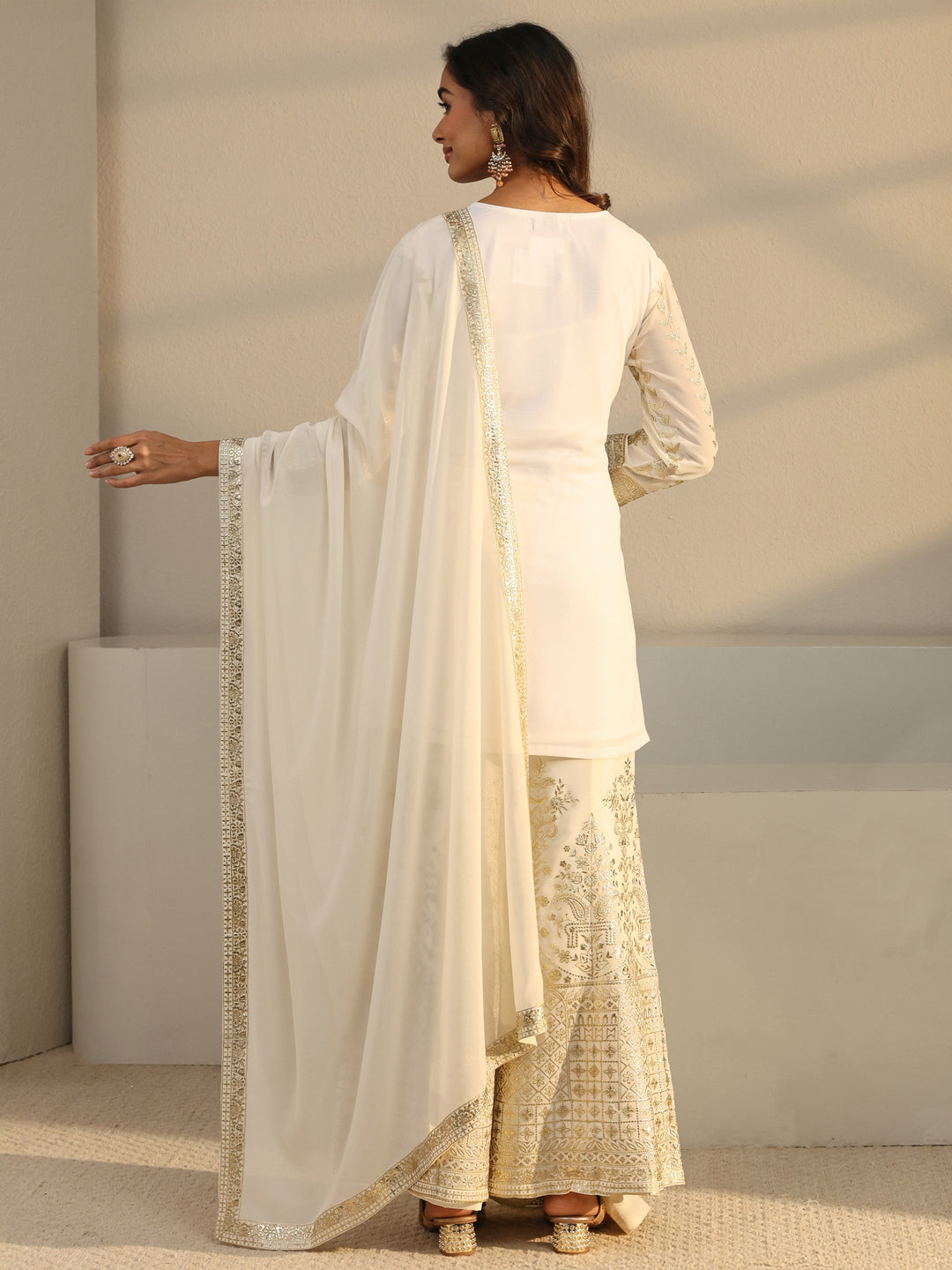 Libas Art Off White Floral Embroidered Georgette Palazzo Suit Set With Dupatta
