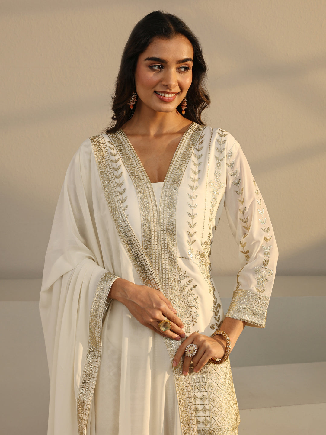Libas Art Off White Floral Embroidered Georgette Palazzo Suit Set With Dupatta