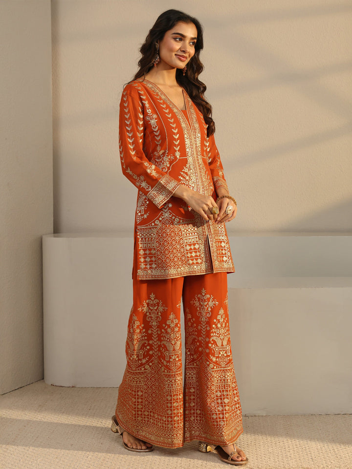 Libas Art Rust Floral Embroidered Georgette Palazzo Suit Set With Dupatta