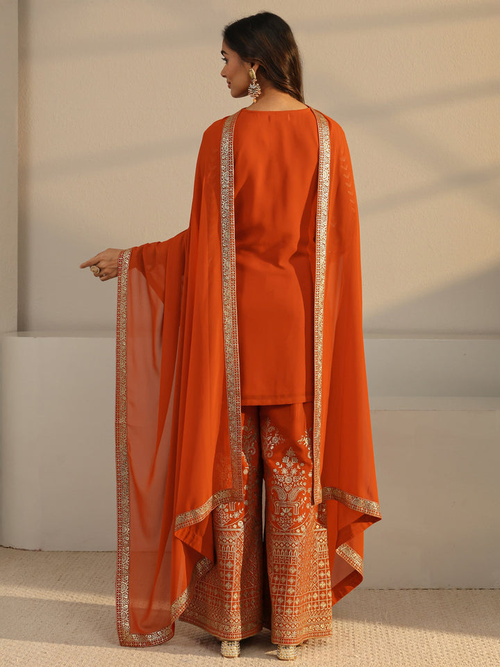Libas Art Rust Floral Embroidered Georgette Palazzo Suit Set With Dupatta