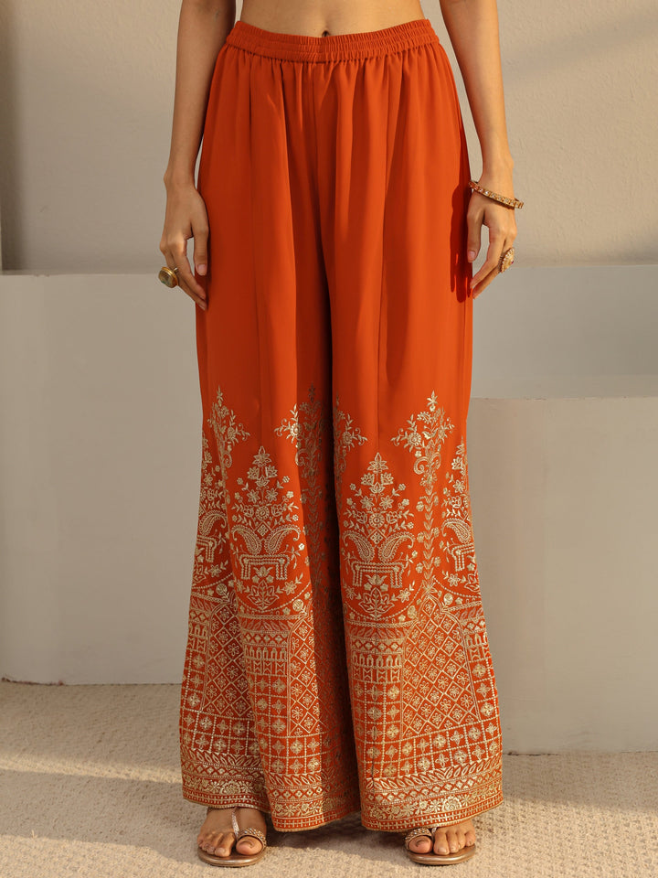 Libas Art Rust Floral Embroidered Georgette Palazzo Suit Set With Dupatta