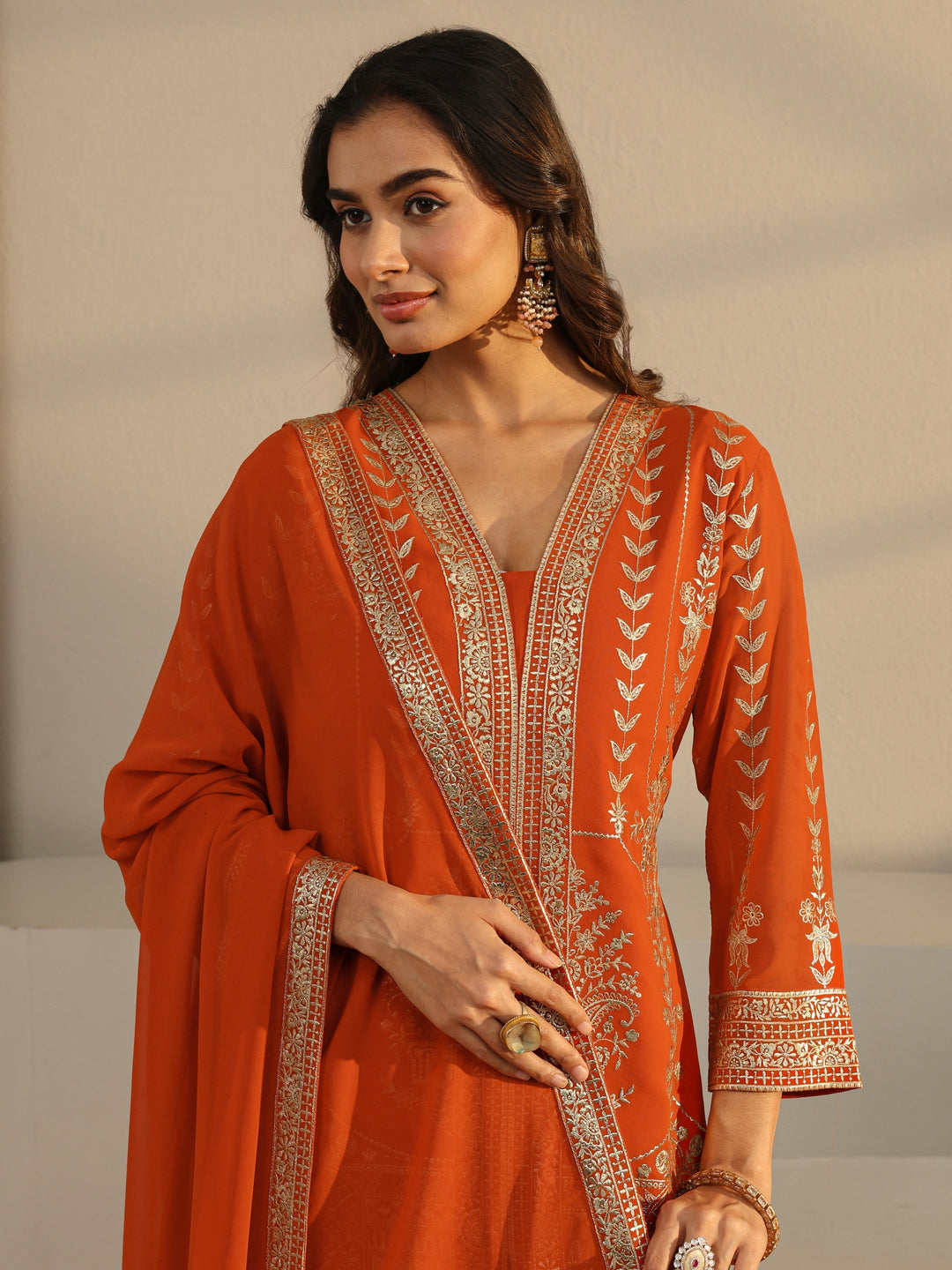 Libas Art Rust Floral Embroidered Georgette Palazzo Suit Set With Dupatta