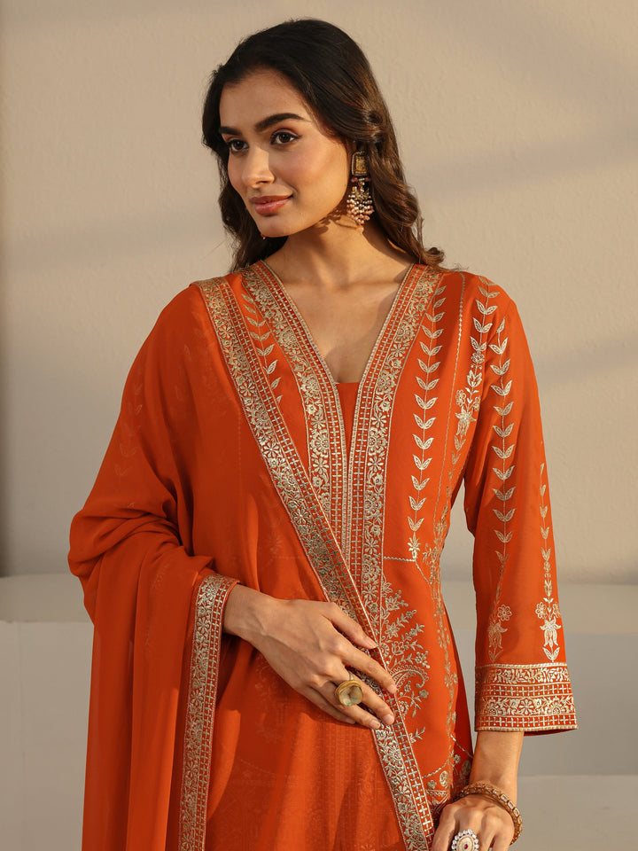 Libas Art Rust Floral Embroidered Georgette Palazzo Suit Set With Dupatta