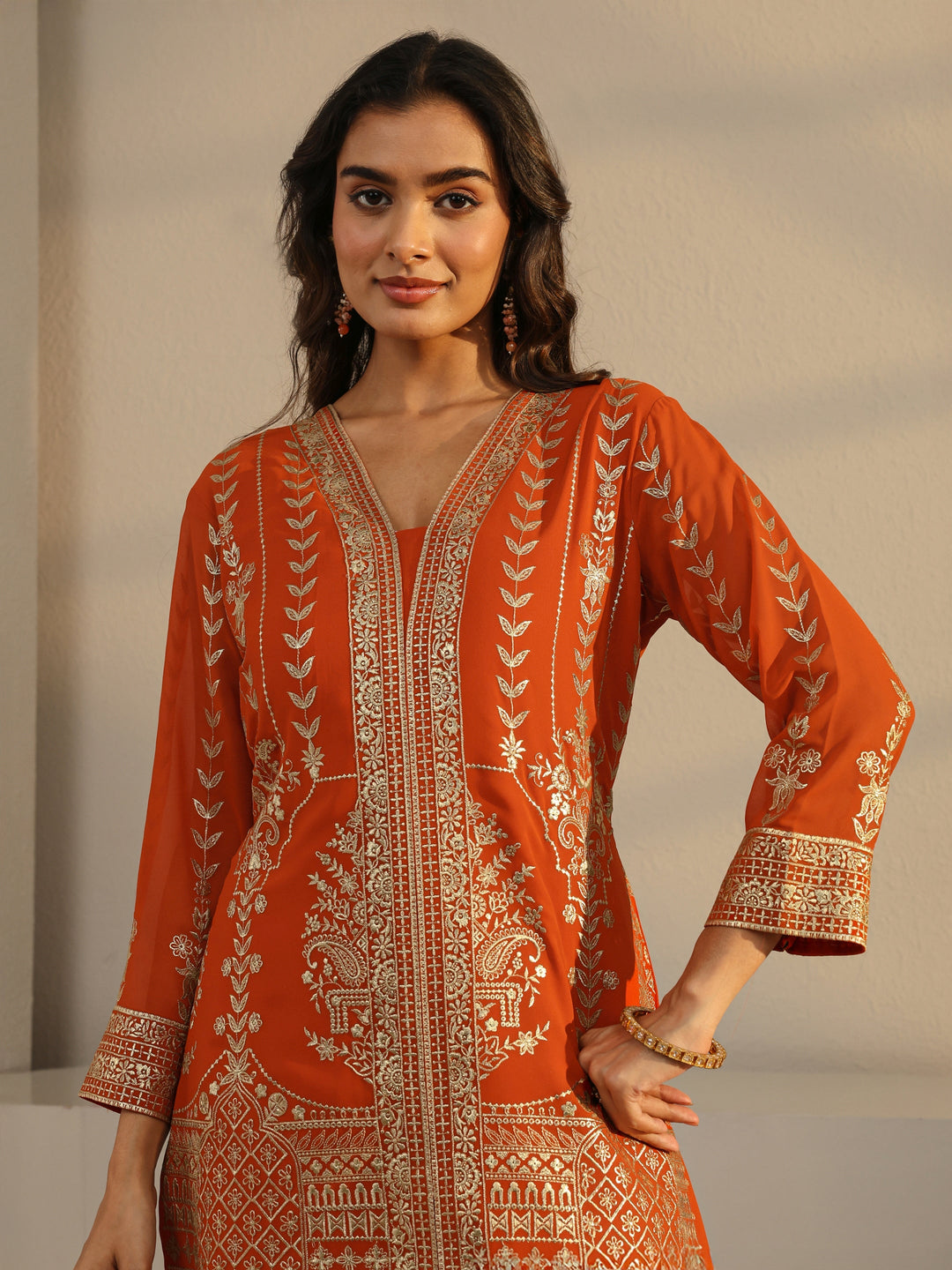 Libas Art Rust Floral Embroidered Georgette Palazzo Suit Set With Dupatta