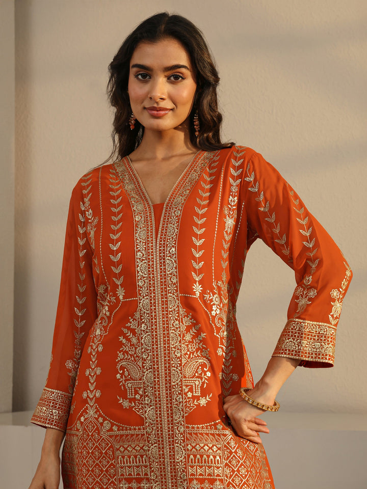 Libas Art Rust Floral Embroidered Georgette Palazzo Suit Set With Dupatta