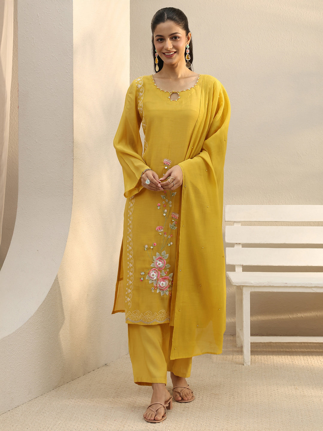 Mustard Floral Embroidered Chanderi Silk Straight Suit Set