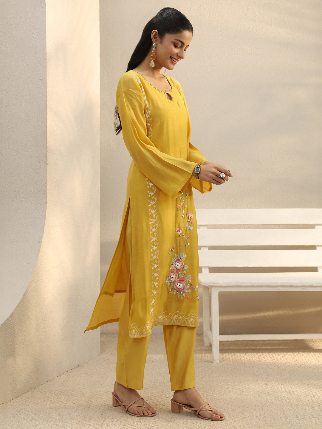Mustard Floral Embroidered Chanderi Silk Straight Suit Set