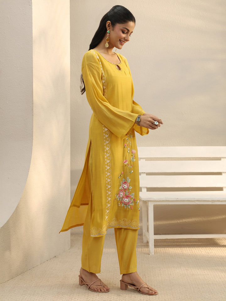 Mustard Floral Embroidered Chanderi Silk Straight Suit Set