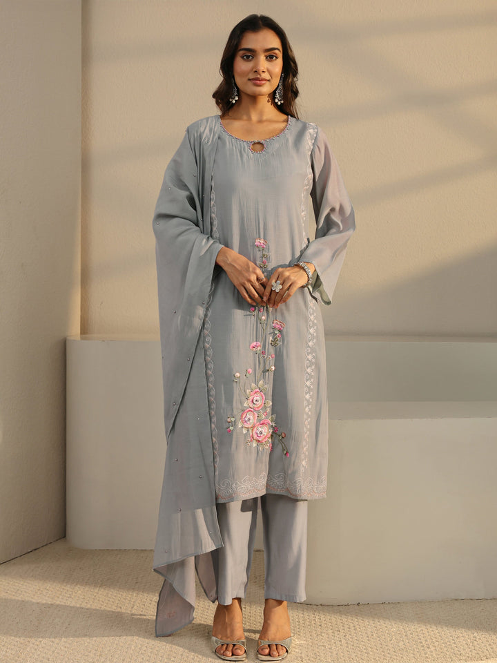 Grey Floral Embroidered Chanderi Silk Straight Suit Set
