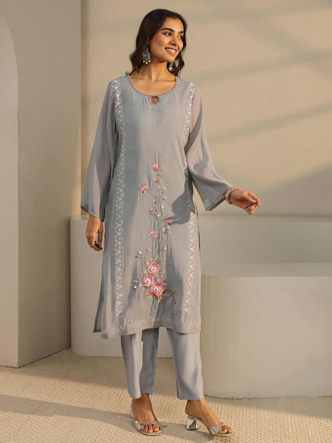 Grey Floral Embroidered Chanderi Silk Straight Suit Set