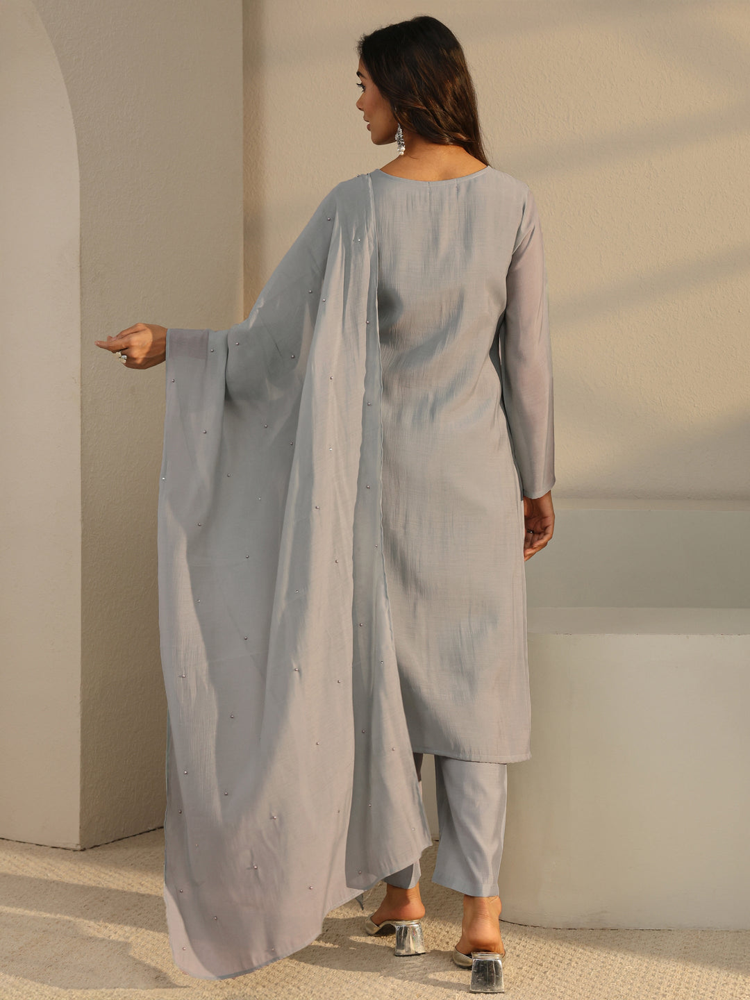 Grey Floral Embroidered Chanderi Silk Straight Suit Set