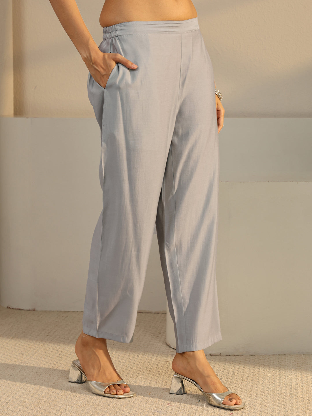 Grey Floral Embroidered Chanderi Silk Straight Suit Set