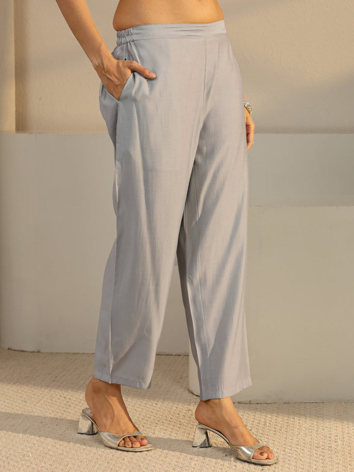 Grey Floral Embroidered Chanderi Silk Straight Suit Set