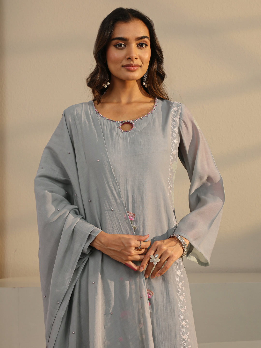 Grey Floral Embroidered Chanderi Silk Straight Suit Set