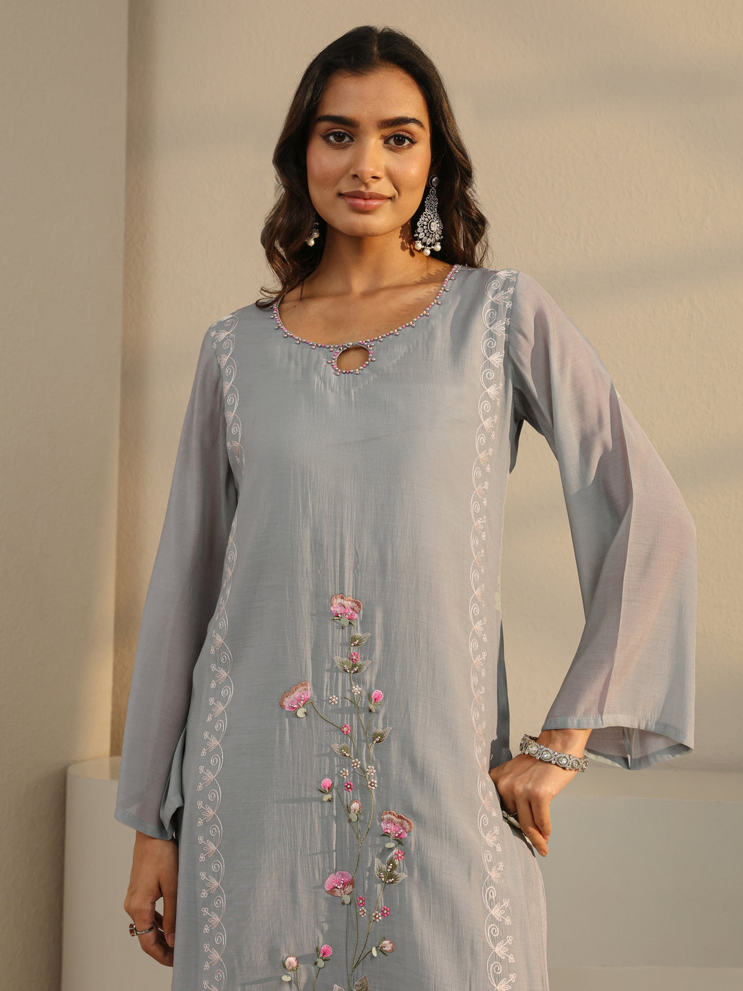 Grey Floral Embroidered Chanderi Silk Straight Suit Set