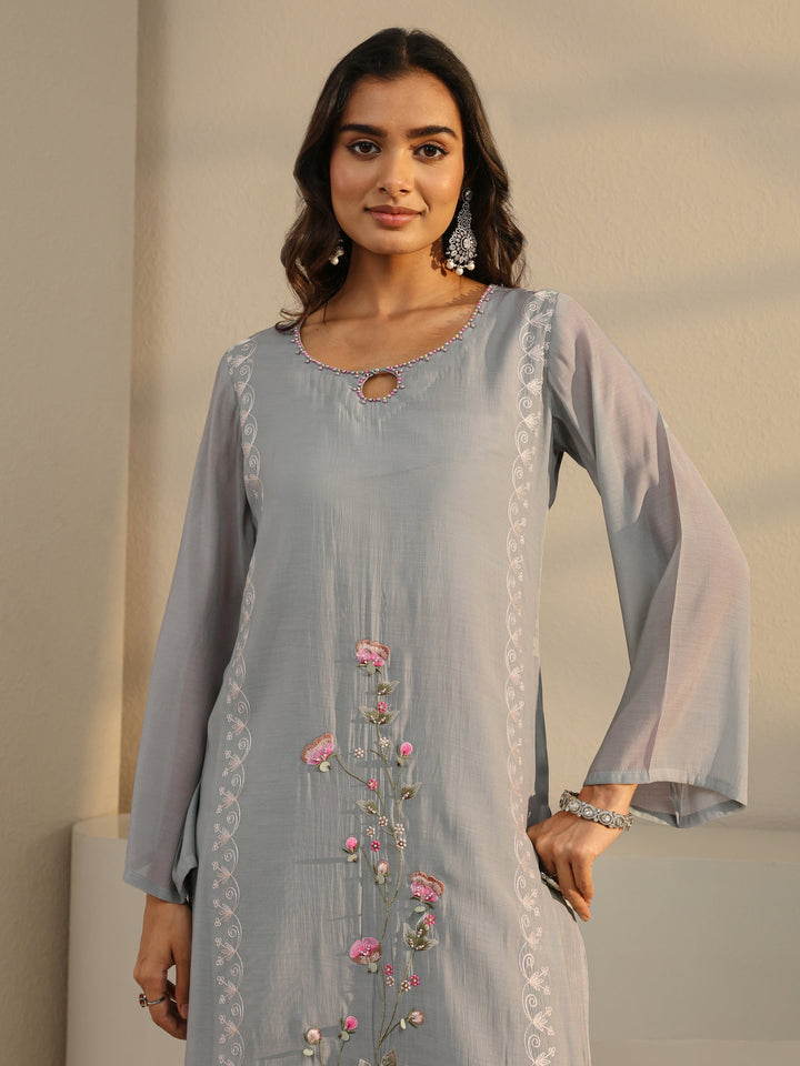 Grey Floral Embroidered Chanderi Silk Straight Suit Set