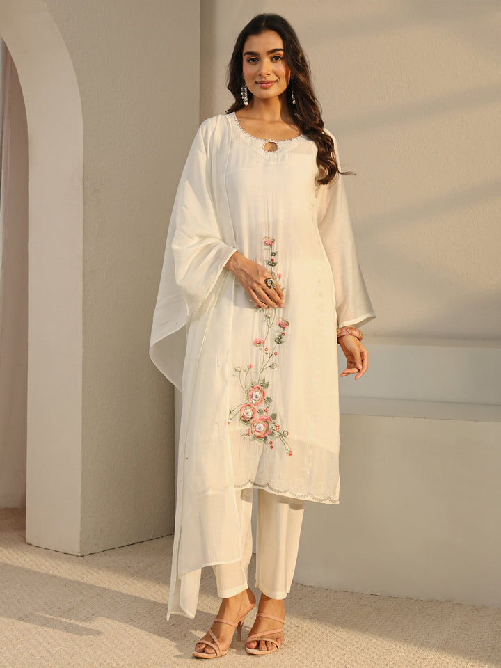Off White Floral Embroidered Chanderi Silk Straight Suit Set