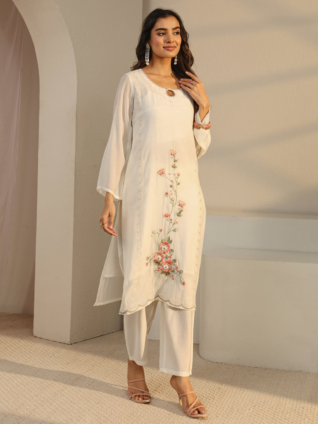 Off White Floral Embroidered Chanderi Silk Straight Suit Set