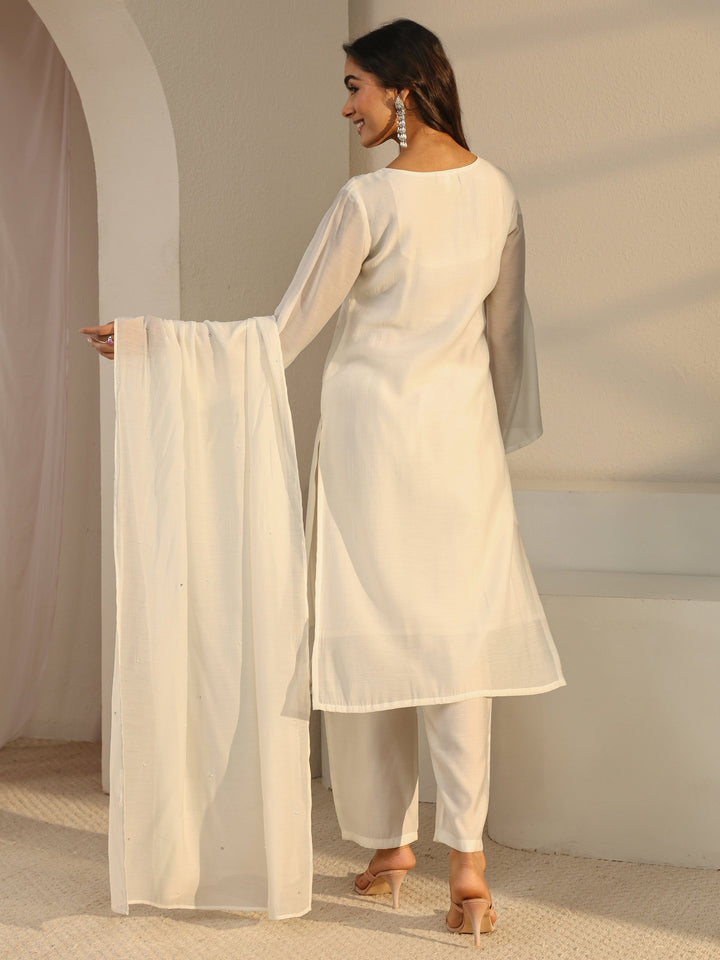 Off White Floral Embroidered Chanderi Silk Straight Suit Set