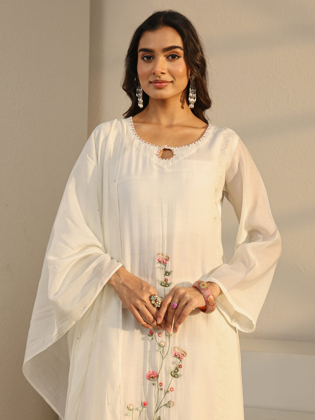 Off White Floral Embroidered Chanderi Silk Straight Suit Set