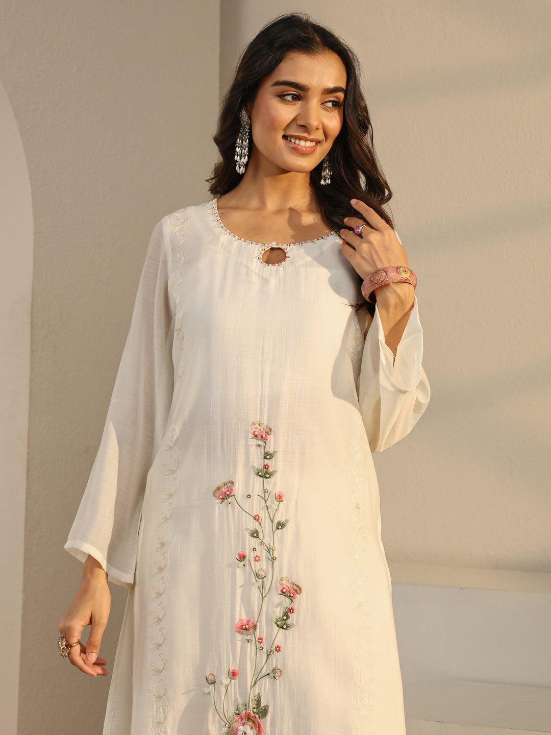Off White Floral Embroidered Chanderi Silk Straight Suit Set