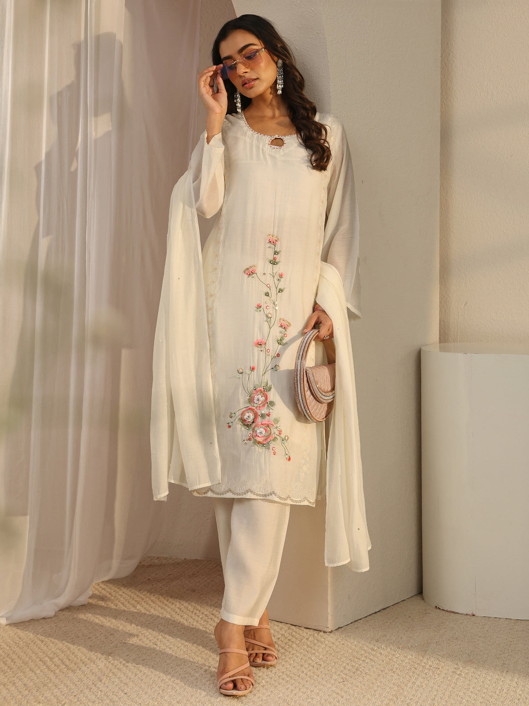 Off White Floral Embroidered Chanderi Silk Straight Suit Set