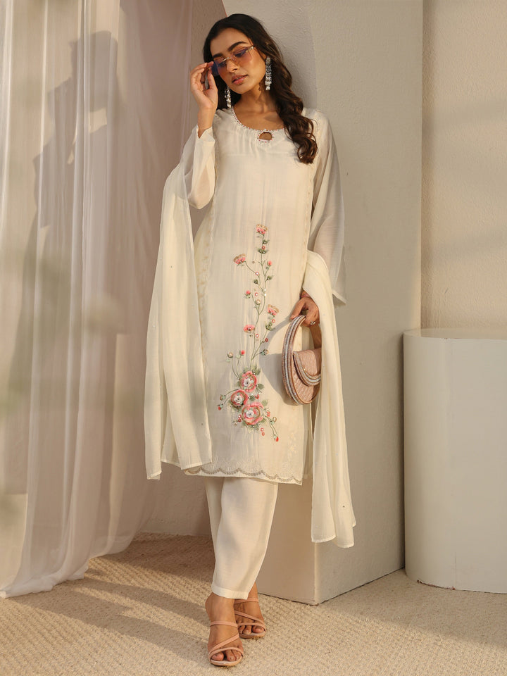 Off White Floral Embroidered Chanderi Silk Straight Suit Set