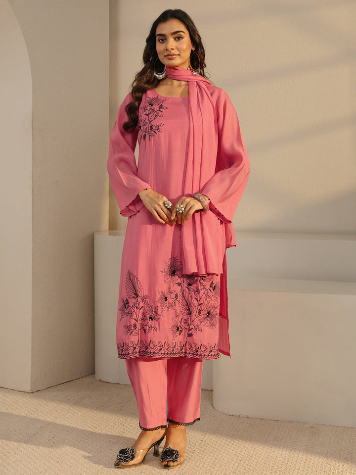 Coral Floral Embroidered Chanderi Silk Straight Suit Set