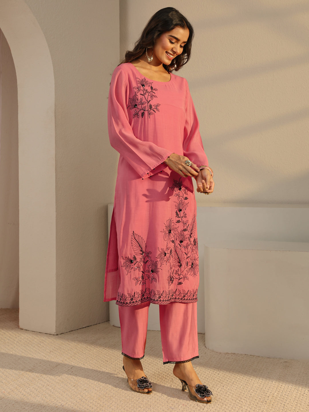 Coral Floral Embroidered Chanderi Silk Straight Suit Set