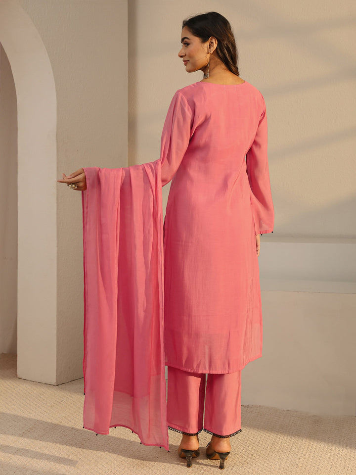 Coral Floral Embroidered Chanderi Silk Straight Suit Set