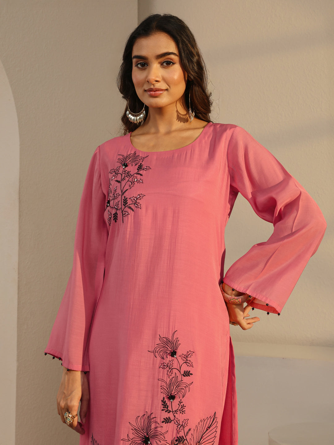 Coral Floral Embroidered Chanderi Silk Straight Suit Set