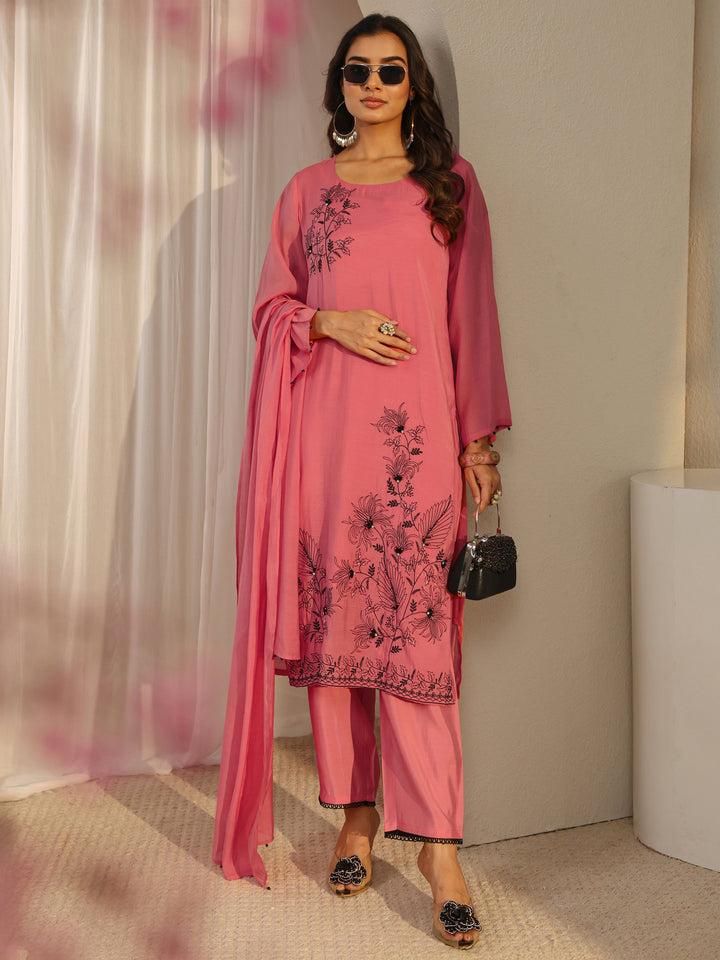 Coral Floral Embroidered Chanderi Silk Straight Suit Set