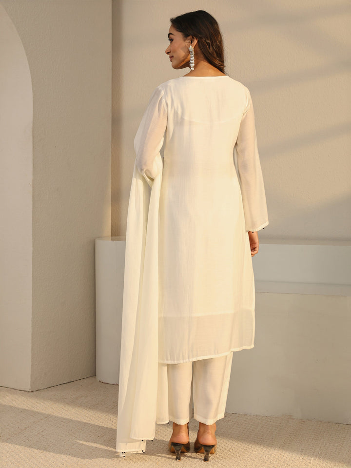 Off White Floral Embroidered Chanderi Silk Straight Suit Set