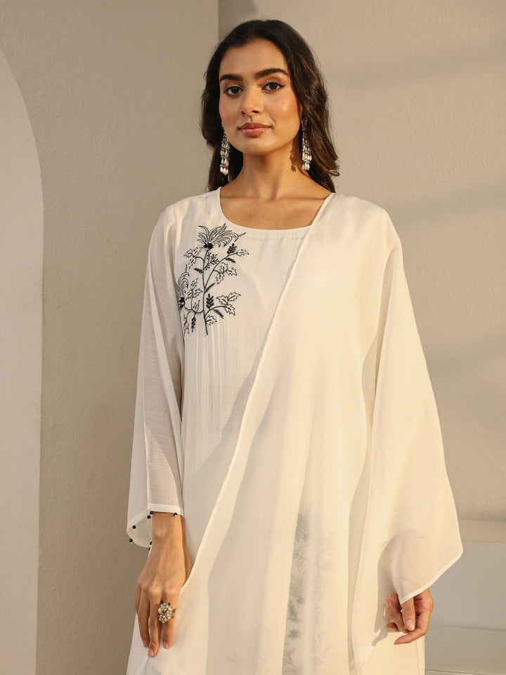 Off White Floral Embroidered Chanderi Silk Straight Suit Set