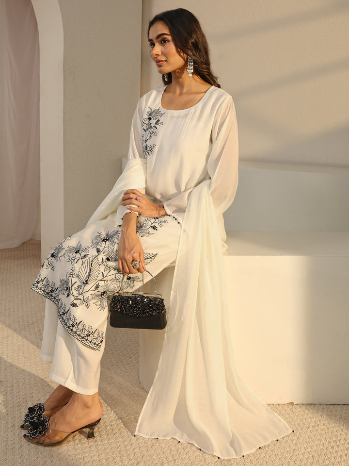 Off White Floral Embroidered Chanderi Silk Straight Suit Set