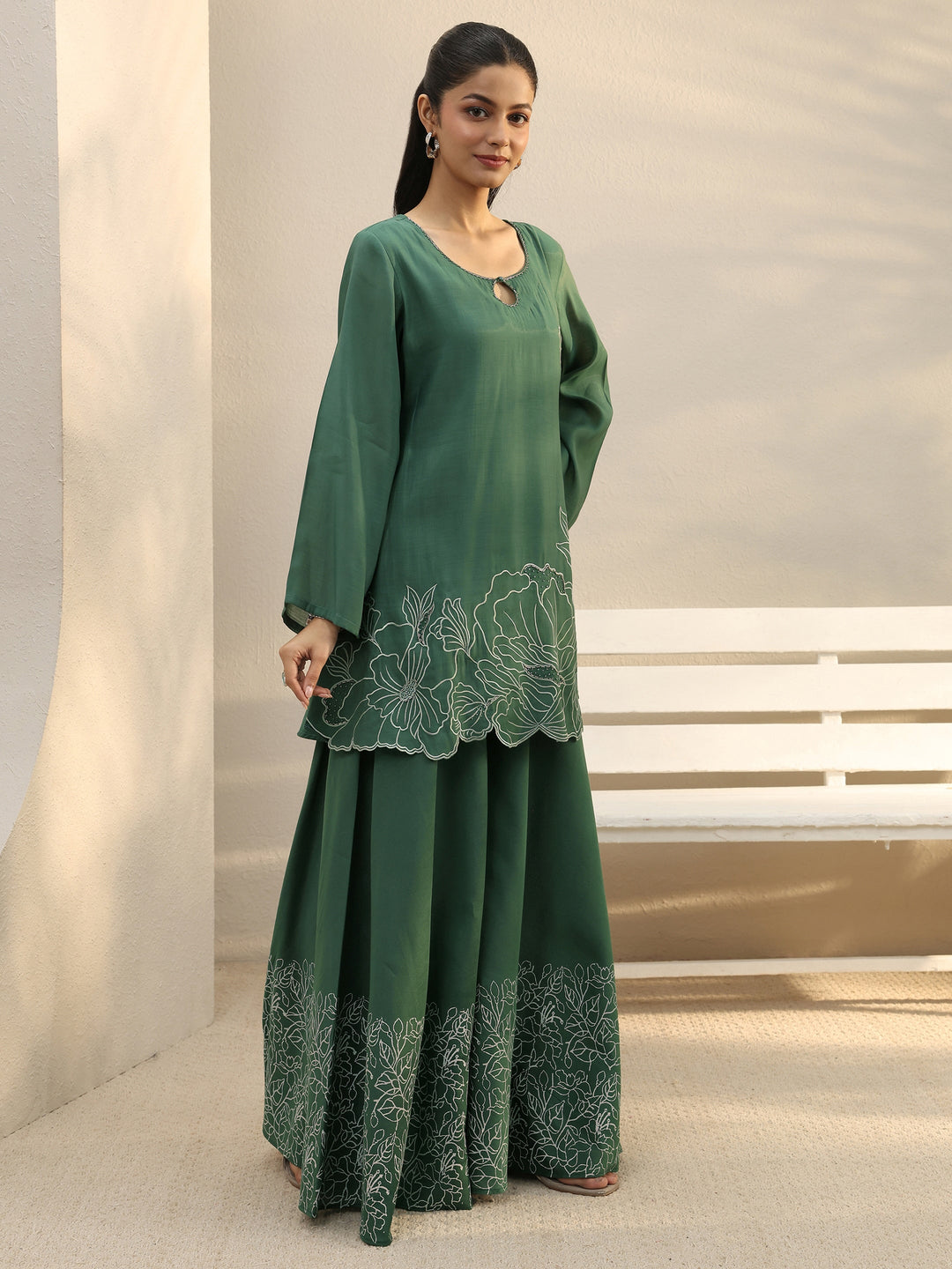 Green Floral Embroidered Chanderi Silk Palazzo Suit Set