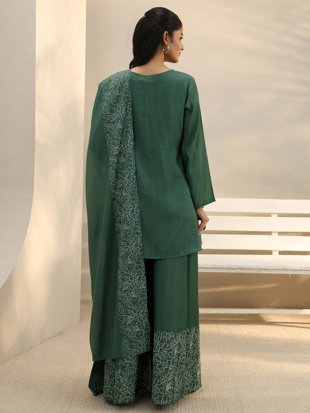 Green Floral Embroidered Chanderi Silk Palazzo Suit Set