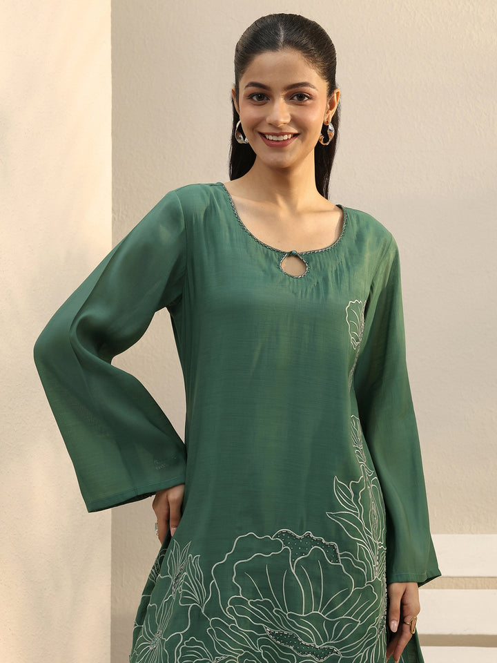 Green Floral Embroidered Chanderi Silk Palazzo Suit Set