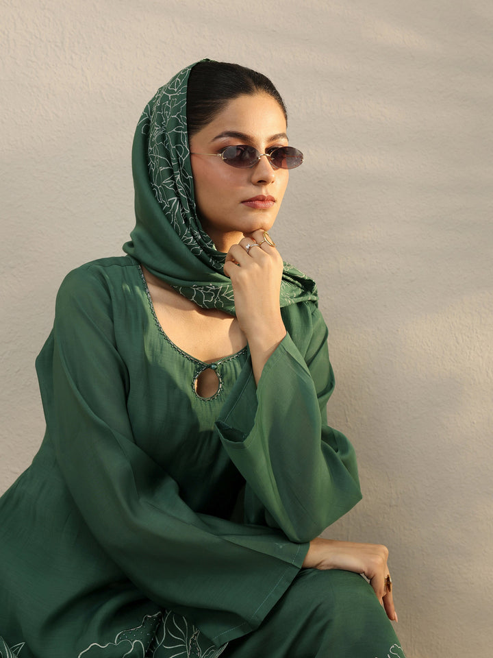 Green Floral Embroidered Chanderi Silk Palazzo Suit Set