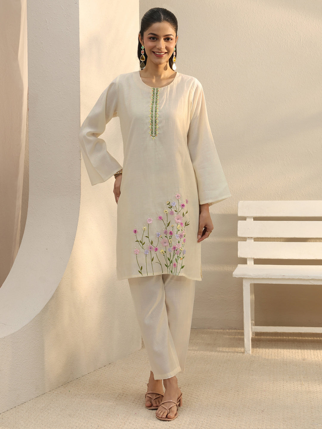 Off White Floral Embroidered Silk Blend Co-Ord Set