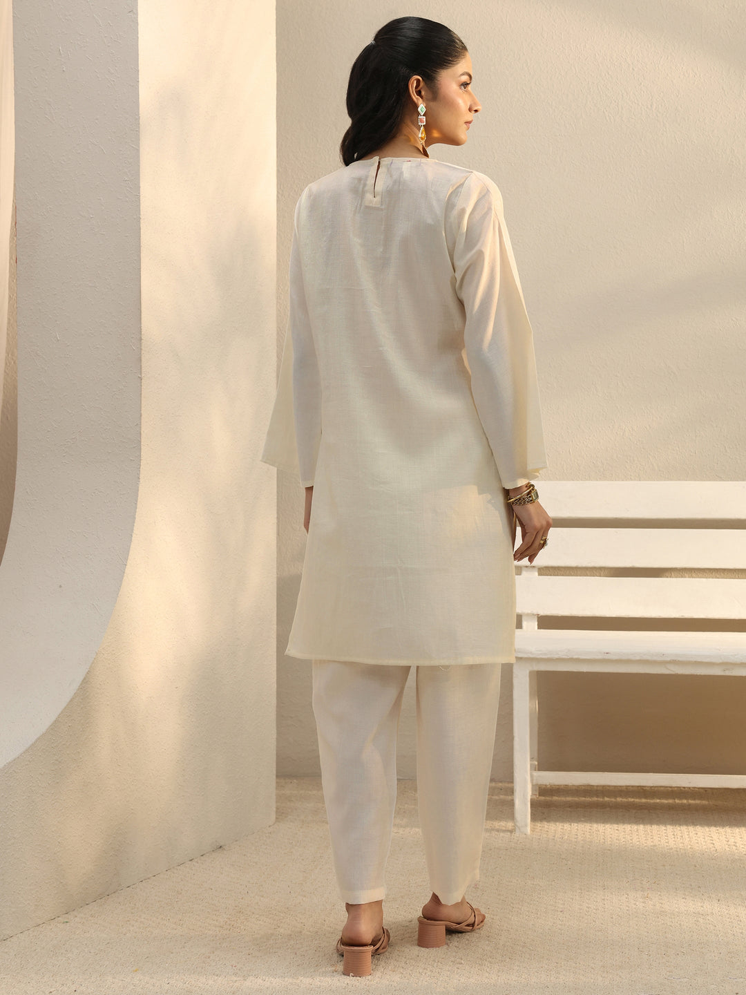 Off White Floral Embroidered Silk Blend Co-Ord Set