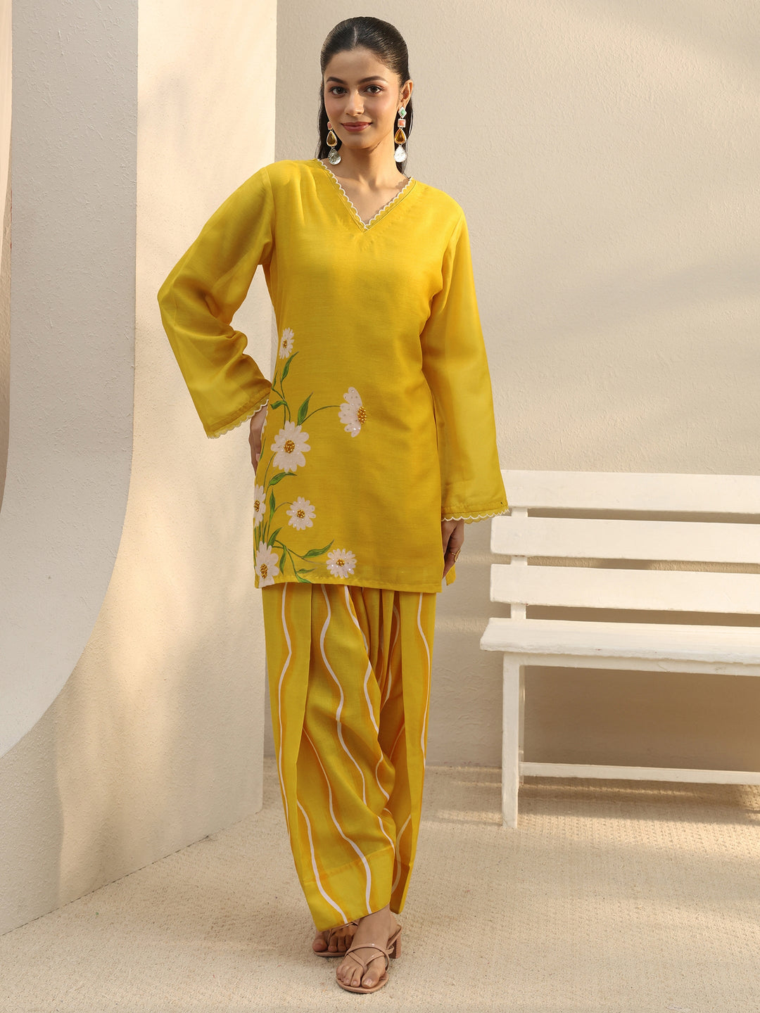 Yellow Floral Printed Chanderi Silk Co-Ord Set